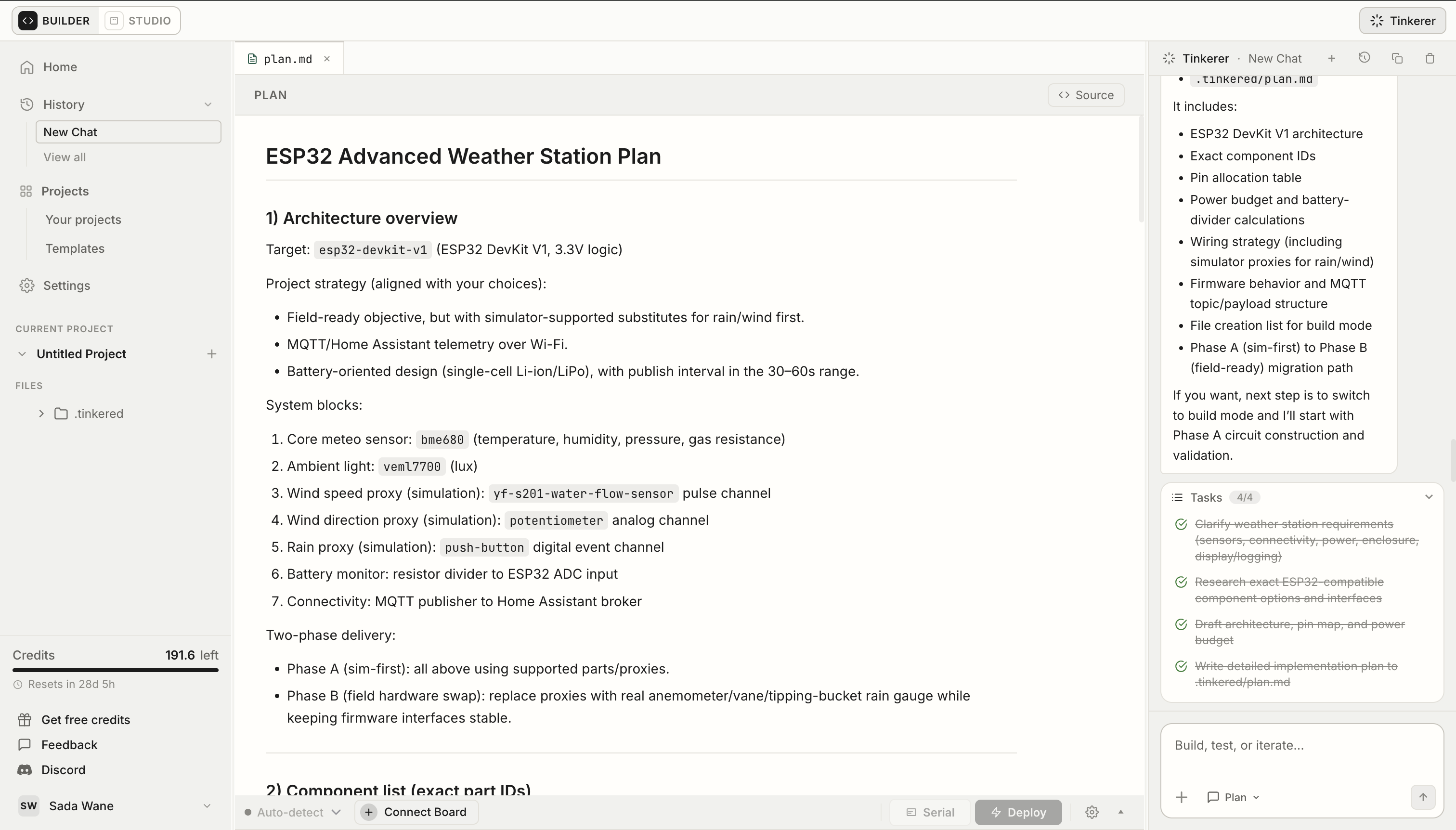 Tinkered build workspace showing a generated ESP32 weather station architecture plan, with target board esp32-devkit-v1, system blocks for a BME680 environmental sensor, a VEML7700 light sensor, wind and rain simulation proxies, battery monitoring on an ADC input, and MQTT publishing to Home Assistant