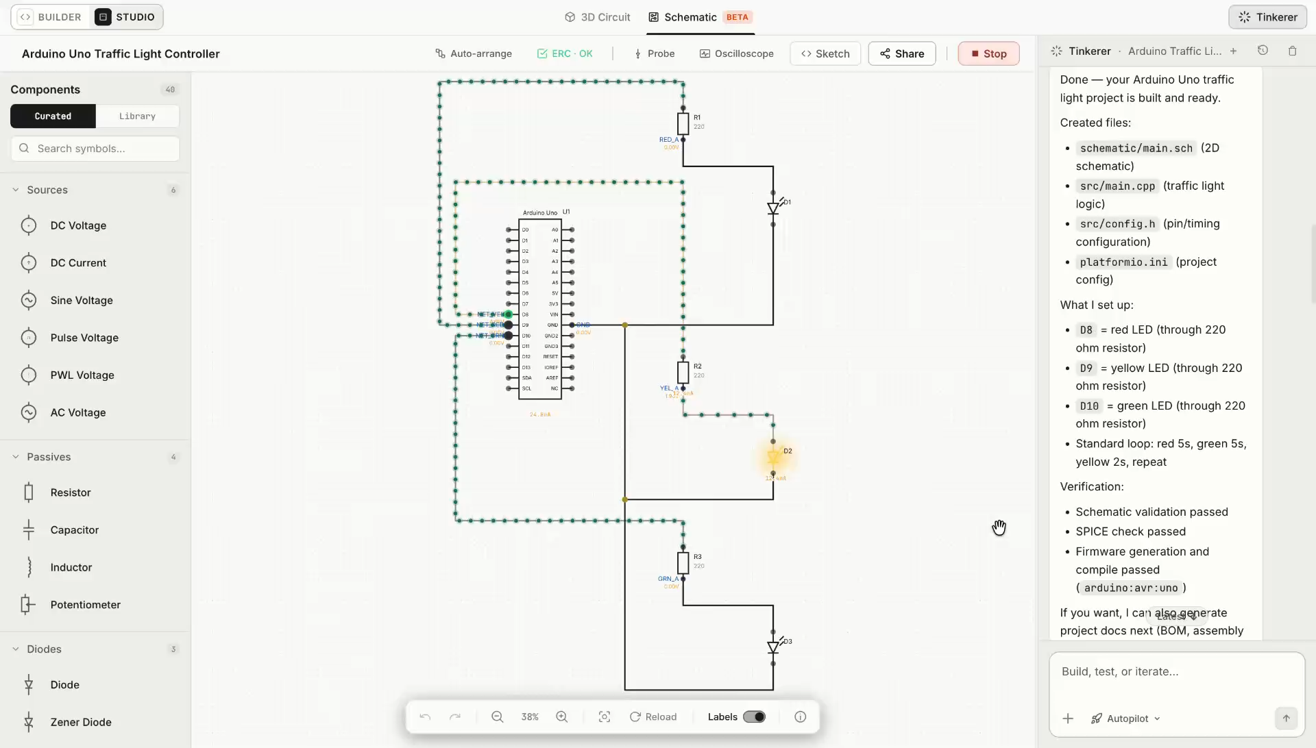 Tinkered schematic editor running a live simulation of an Arduino Uno traffic light controller, with a passing ERC check, an Arduino Uno symbol and full pinout, three 220 ohm resistors driving red, yellow and green LEDs with the yellow one lit, current flowing along the labelled nets, live node voltages, a symbol library of sources, passives and diodes, and an assistant panel listing the generated project files and the checks that passed